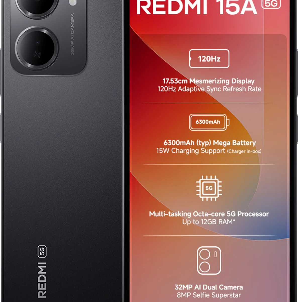 Redmi 15A 5G (128GB) | UNISOC T8300 5G, 32MP AI Camera, 6300mAh Battery